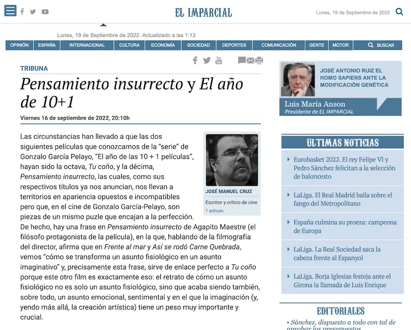 El Imparcial artículo de José Manuel Cruz sobre Pensamiento insurrecto y El año de las 10mas1